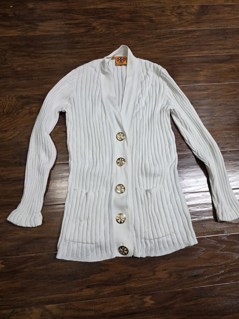 Tory Burch White Ribbed Shawl-Collar Cardigan with Gold Buttons
